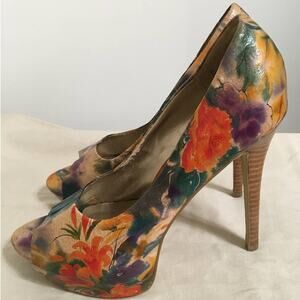 Diba Size 10 Floral Fabric 5 1/2" Stacked Heal Open Toe Slight Platform Shoes
